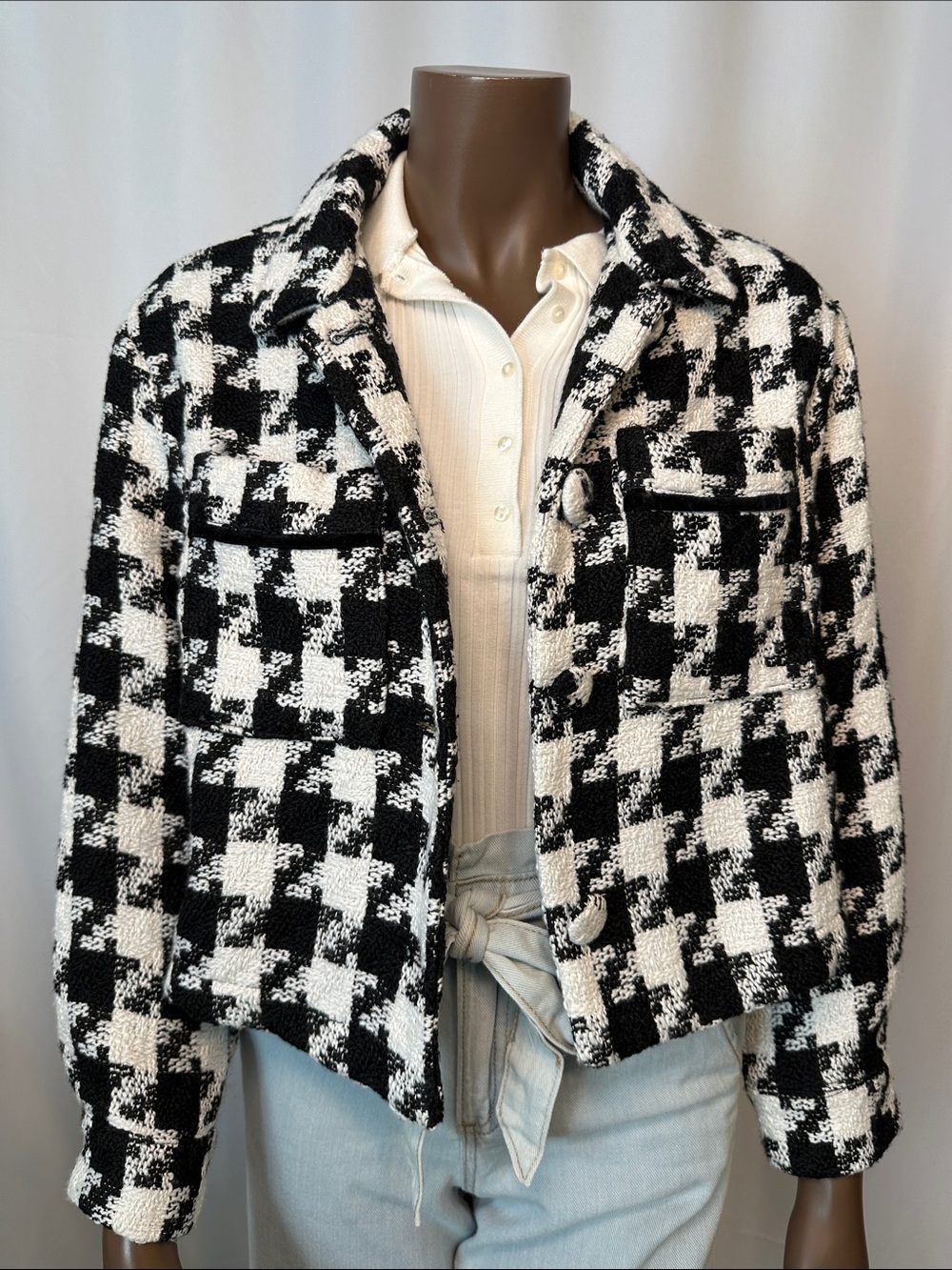 Miou Muse Black and White Button-Down Knit Jacket